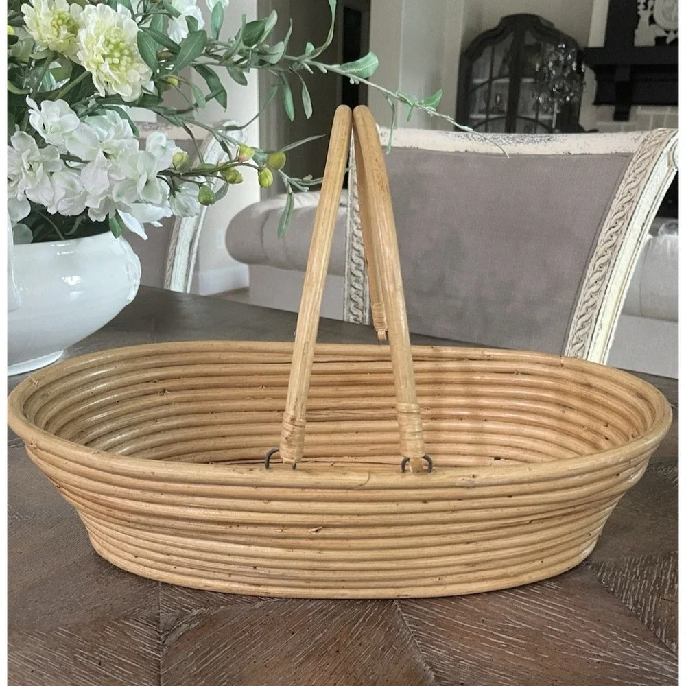 Vtg Pencil Reed Oval Handled Basket Coiled Natural Bamboo Boho 1970s MCM